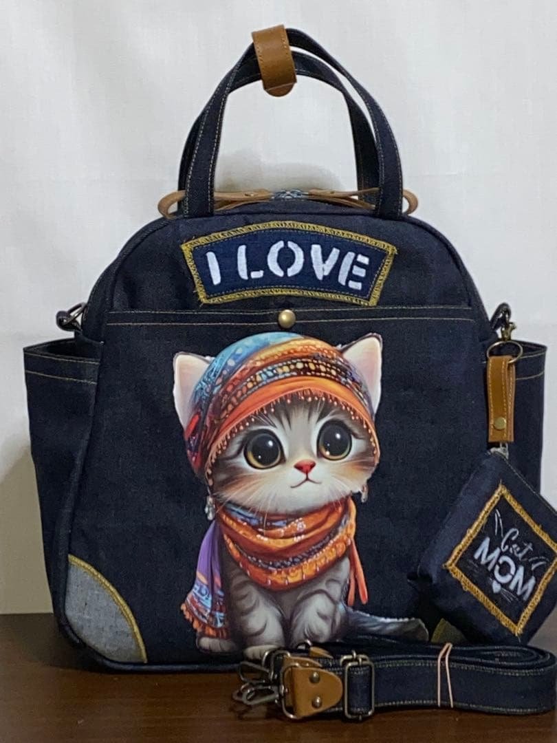 ☆岡山デニム☆ステンシル☆トラネコ☆子猫☆4wayボストンバッグ