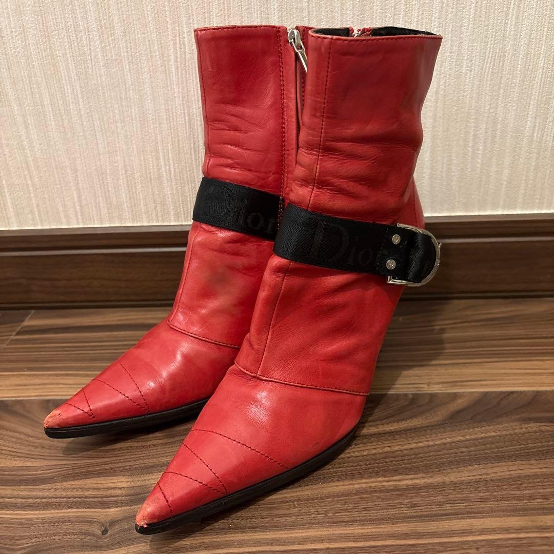 Dior レザー レッド ショート ベルト ブーツ 赤 37 本革