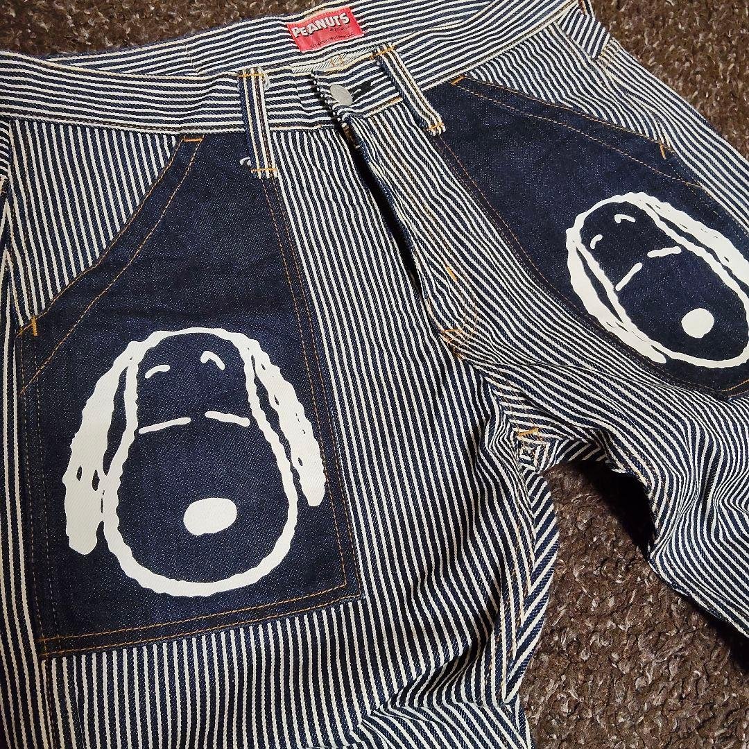 スヌーピー 児島ジーンズ 岡山デニム ヒッコリー デニムパンツ クロップド L