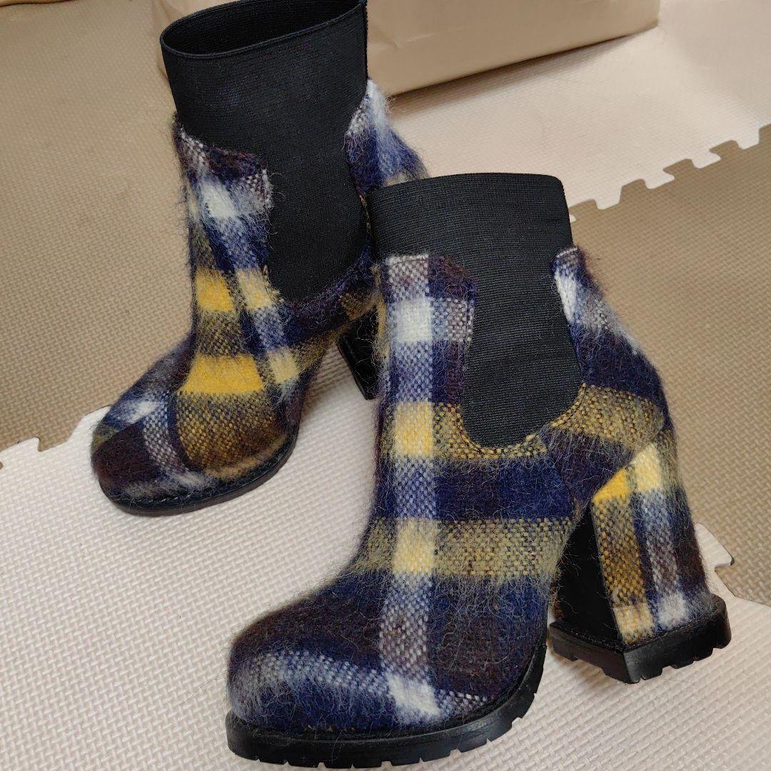 【数回着用】sacai ニット チェック ヒールブーツ〈定価97,900円〉37