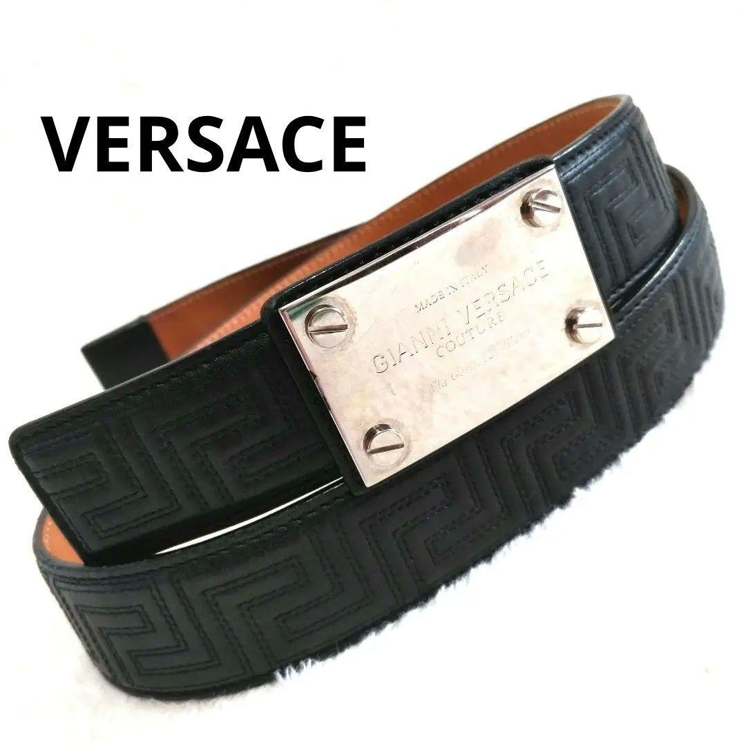 VERSACE ヴェルサーチ グレカ総柄 ロゴプレート レザーベルト 超激レア