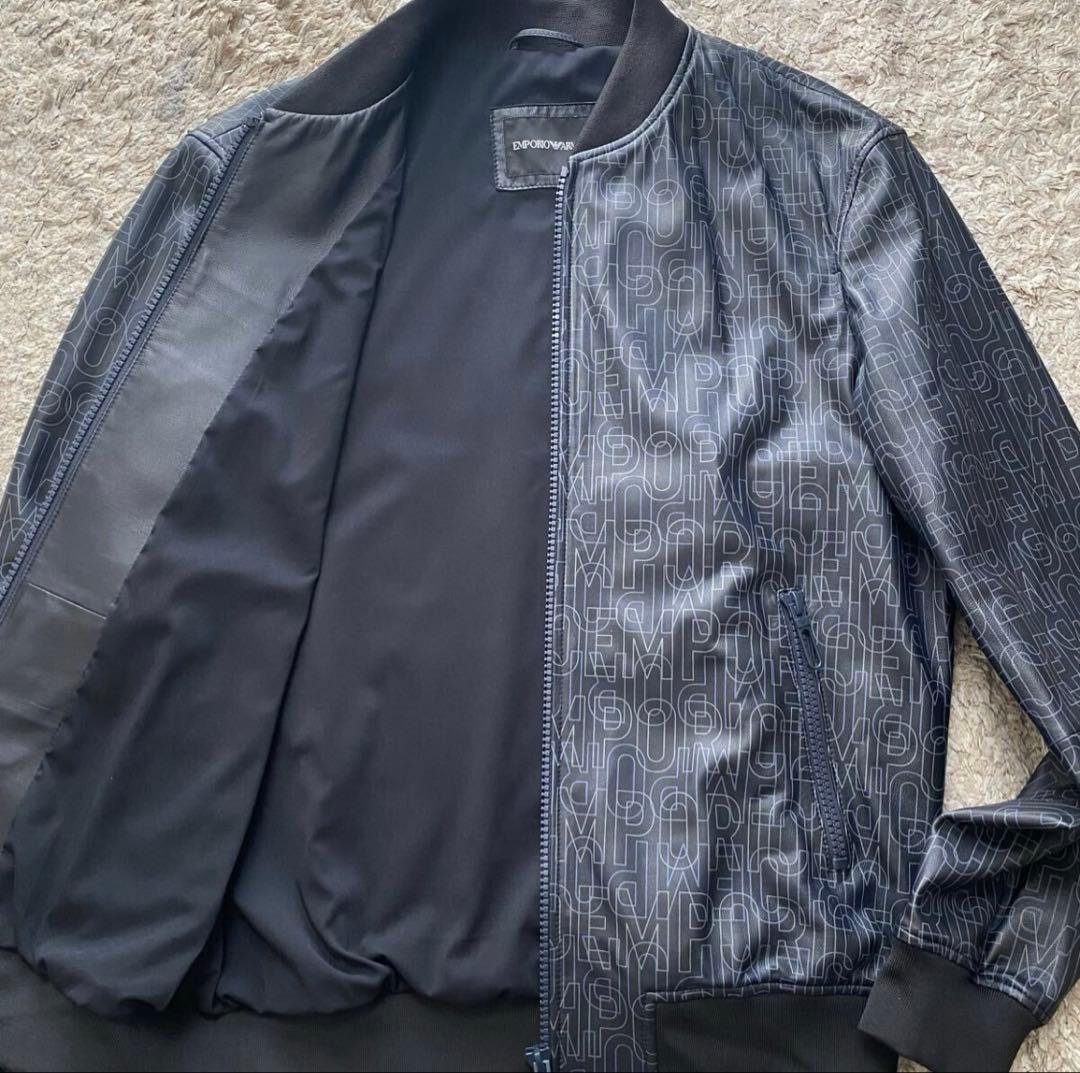 未使用に近い✨エンポリオアルマーニ レザージャケット ロゴ総柄 ブルゾン 黒