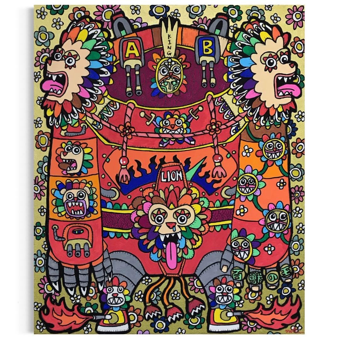 絵画　アート　原画　インテリア　花　ライオン　動物　カラフル　ロボット　赤　金