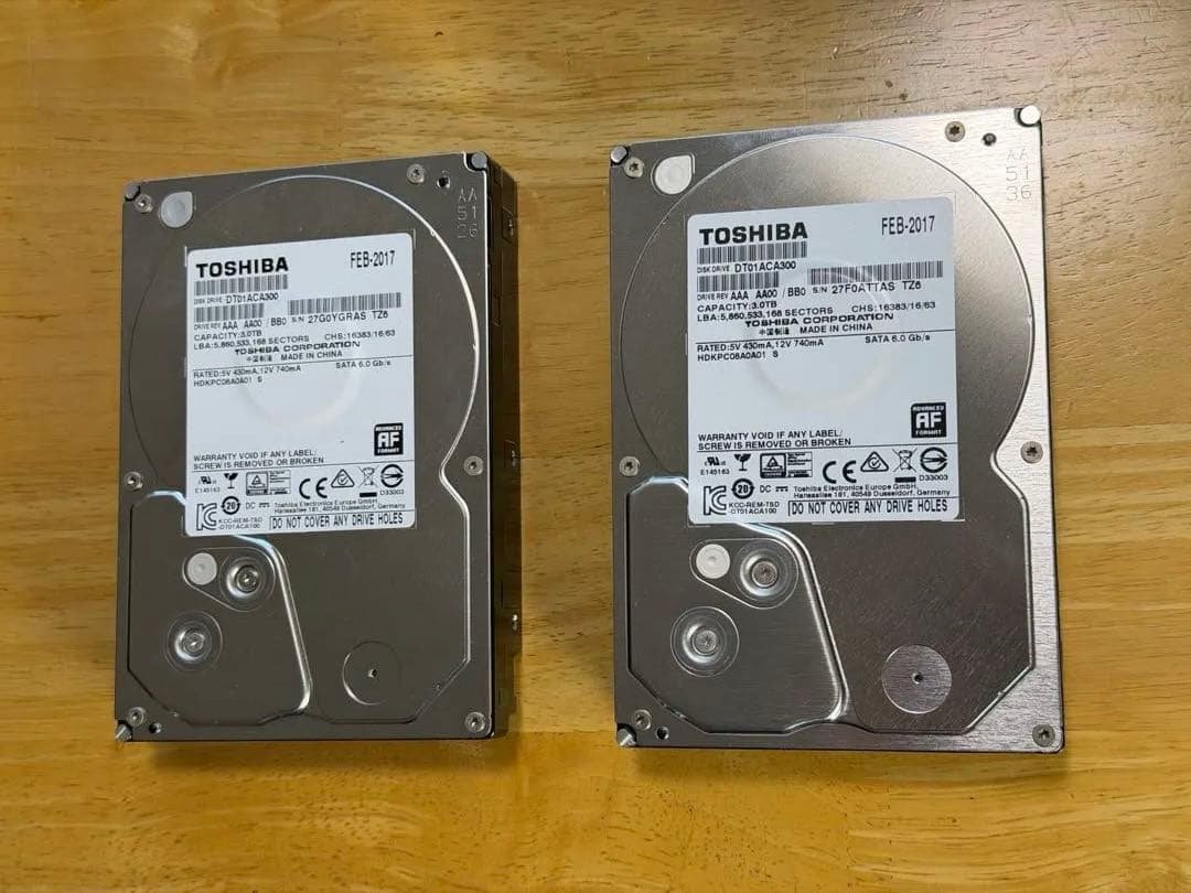 3TB 2セットTOSHIBA 内蔵HDD 7200回転SATA使用185hから