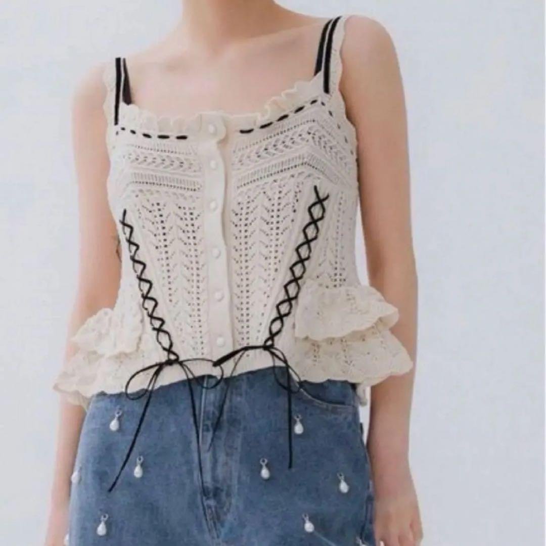 トップス tanakadaisuke lace ribbon knit camisole