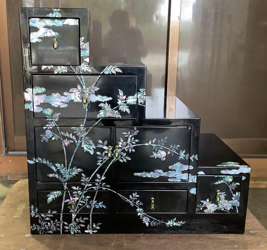 【アンティーク】螺鈿家具 螺鈿細工の小物入れ 階段状 チェスト