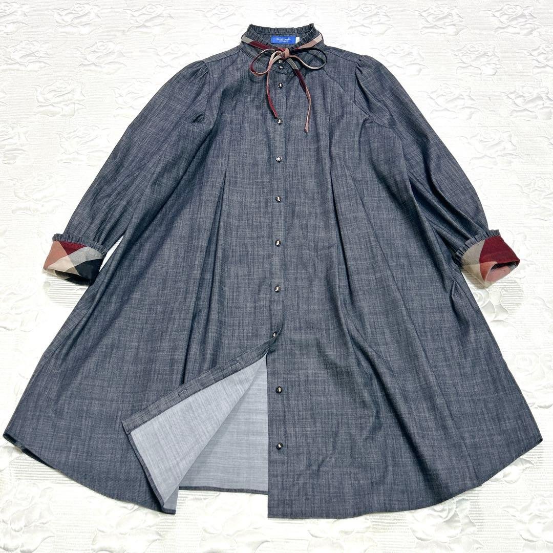 極美品❤︎ブルーレーベル シャンブレー Aライン ワンピース ボウタイ ストレッチ