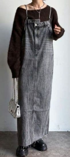 DouDou裾フリンジデニムジャンスカ　グレー