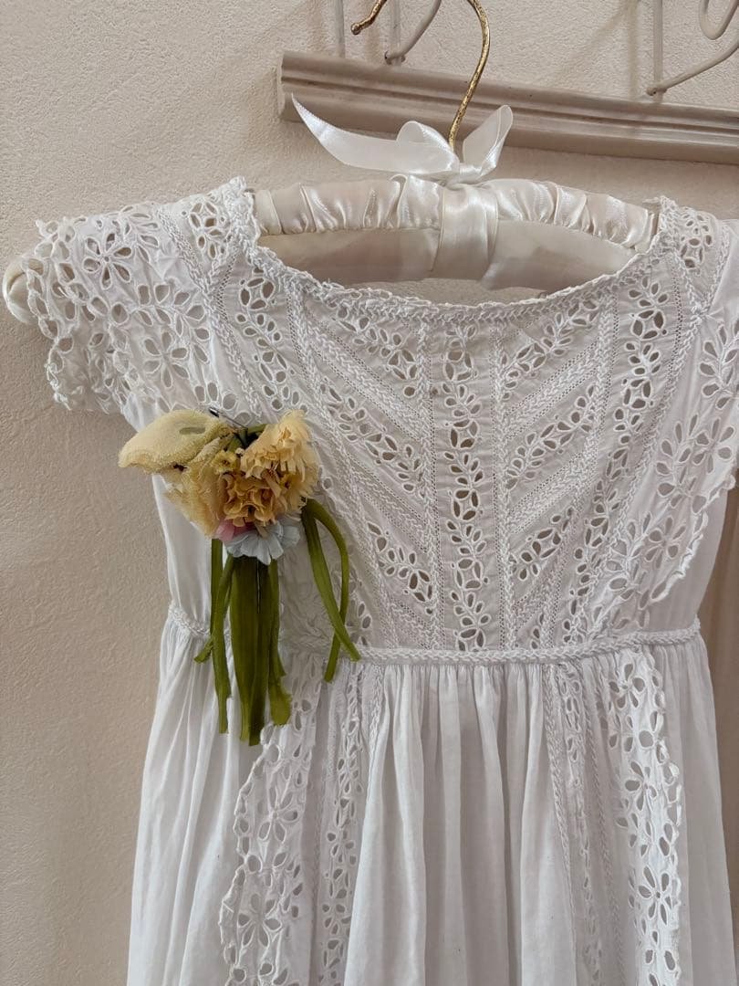 イギリスアンティーク ベビードレス レース 布花 フランスアンティーク