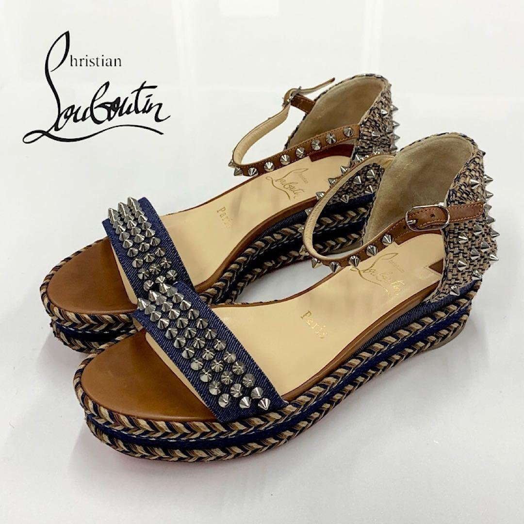 クリスチャンルブタン マドモニカ スパイク デニム サンダル ブラウン系