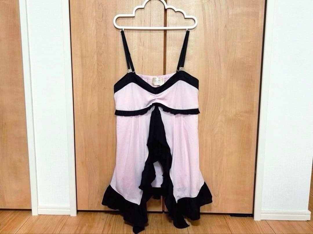 GOLDS♡肩紐ビジュー付き♡サテン×シフォン♡ラッフルフリルキャミトップスPK