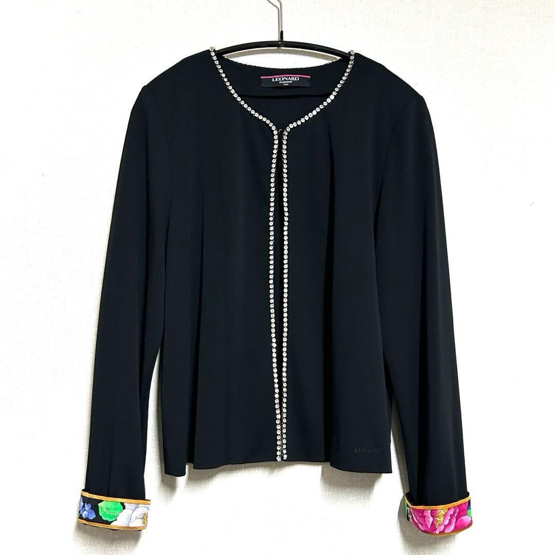 レオナール LEONARD カーディガン カンカン素材 ラインストーン ビジュー