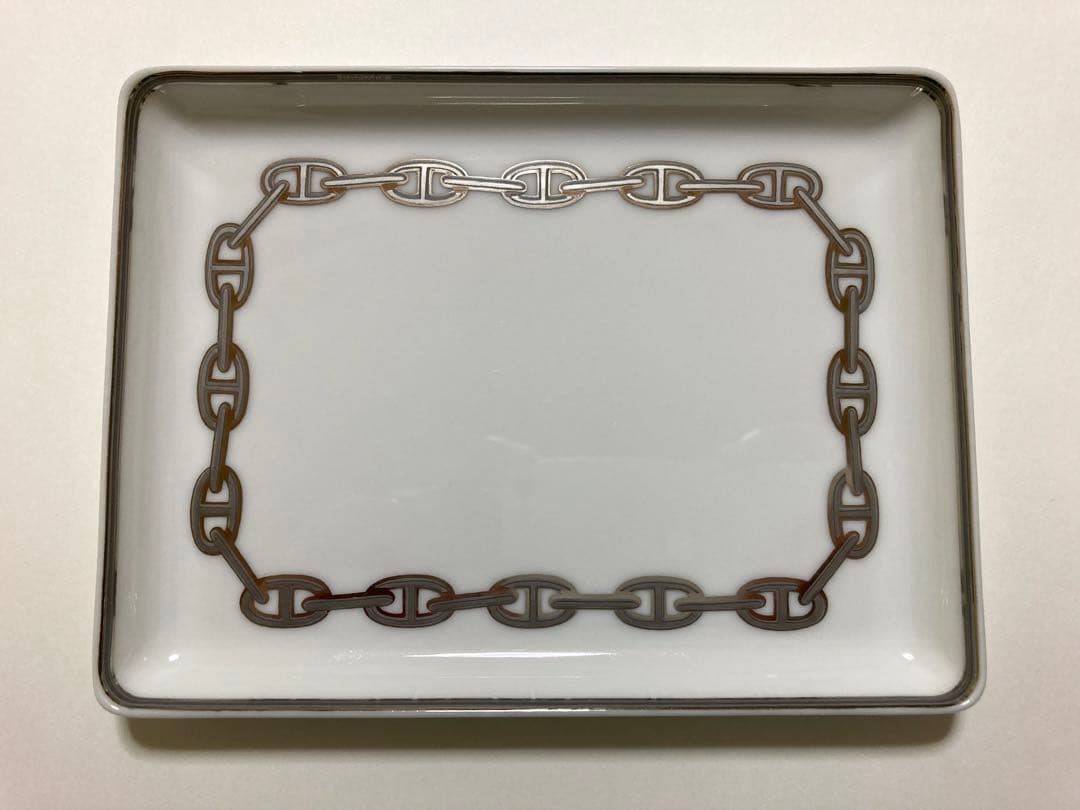 エルメスHERMESシェーヌダンクルプラチナ　長方形皿スクエアプレート陶器トレイ