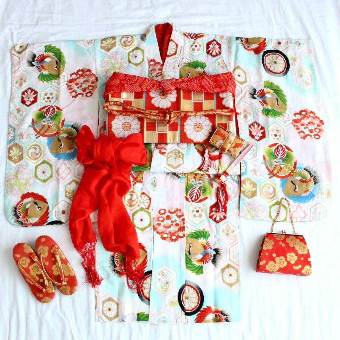 七五三 7歳 女の子 子供 アンティーク 鶴 着物 帯 セット