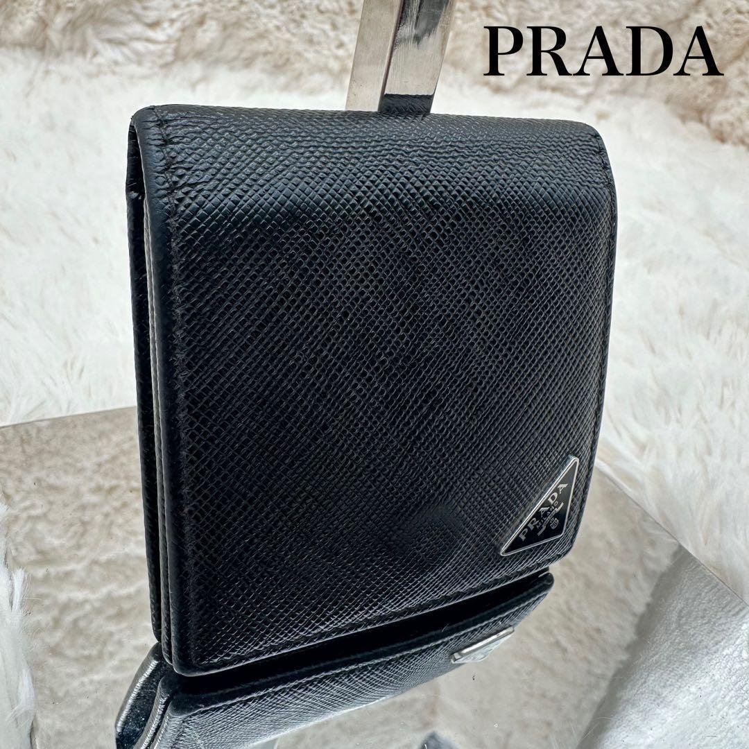 ✨美品✨プラダ　二つ折り財布　三角ロゴ　ケース　サフィアーノレザー　黒