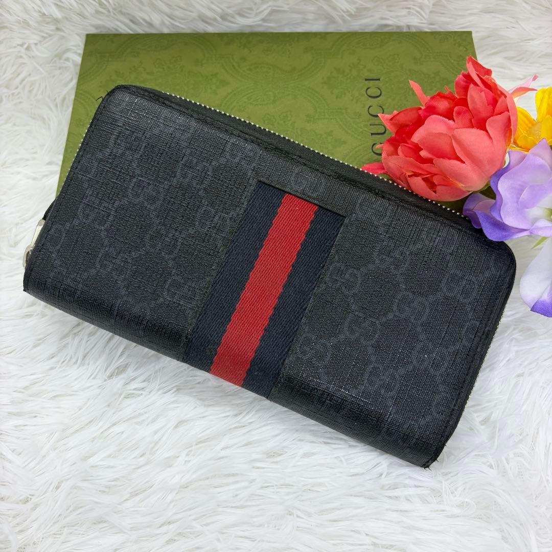 美品✨グッチ　長財布　ラウンドファスナー　シマ　シェリーライン　レザー　黒