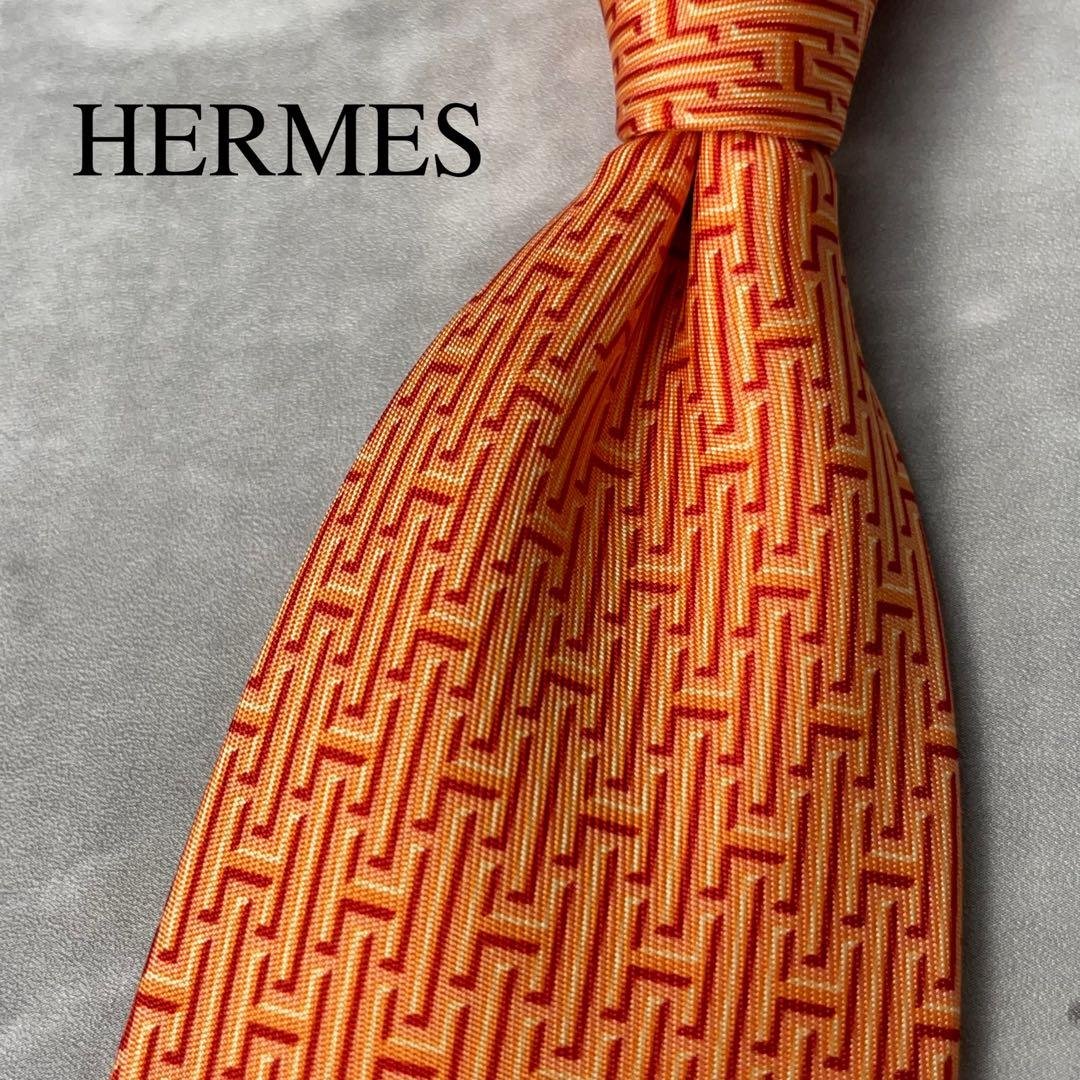 美品 HERMES エルメス H柄 総ロゴ ネクタイ オレンジ