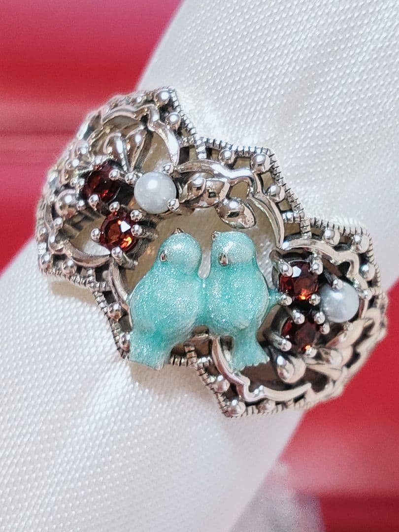 未使用品 碌山 青い鳥 ガーネット ベビー真珠 シルバー リング