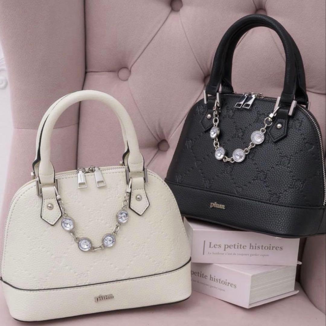 pium ピウム ビジュー付き モノグラムミニバッグ ブラック ベルト付き