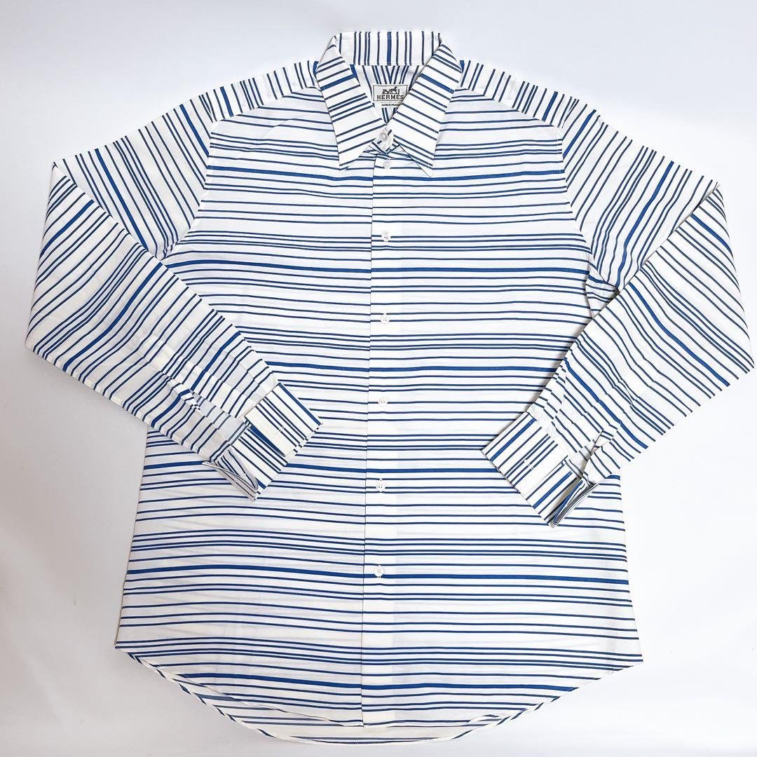 HERMES エルメス　コットン 長袖シャツ　ホワイト×ボーダー　2枚セット