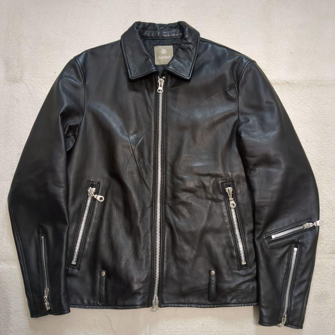 美品 ナノユニバース ラムレザー シングルライダース 裏地キルティング XL
