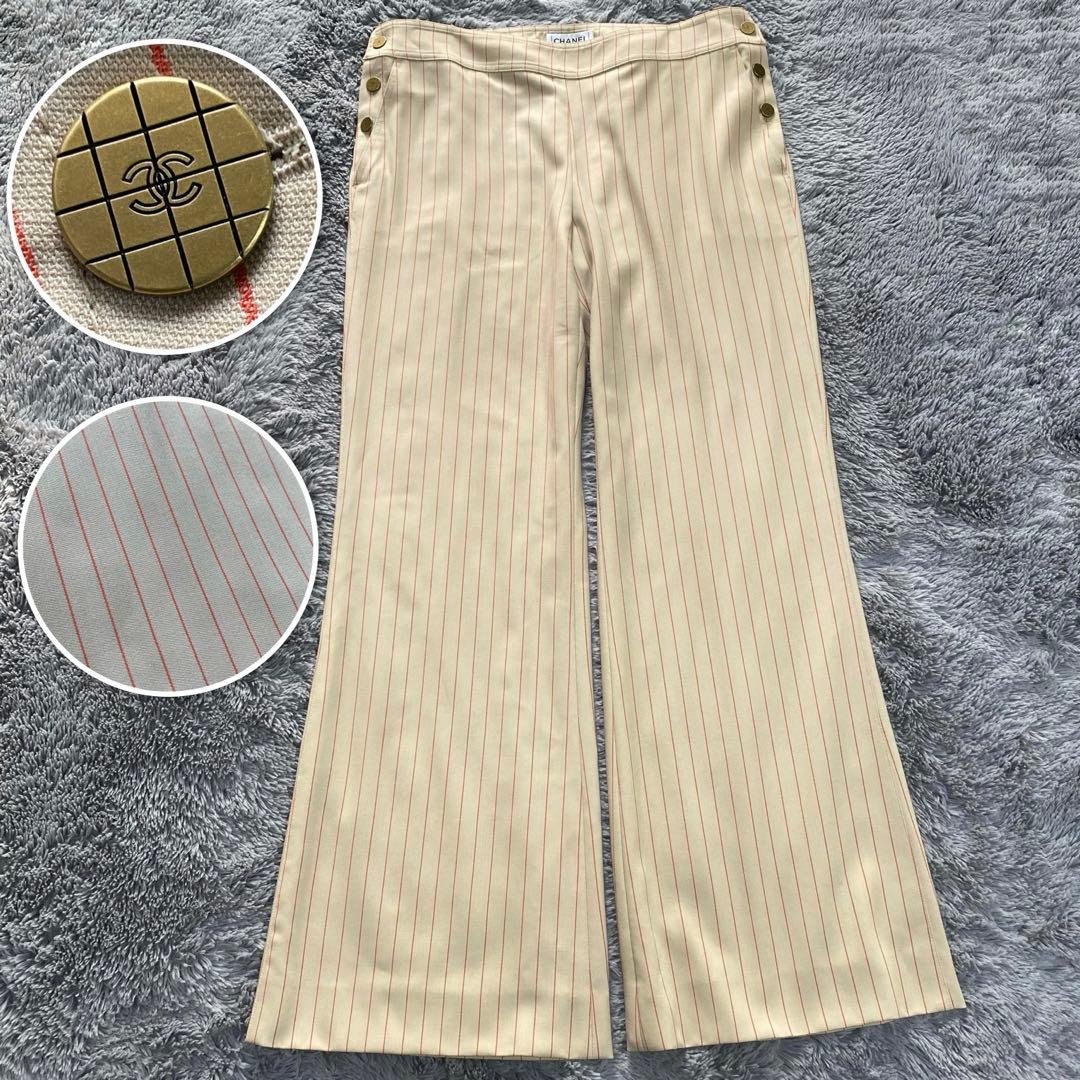 シャネル ココボタン 羊毛 サイズ42 ワイドパンツ オレンジストライプ